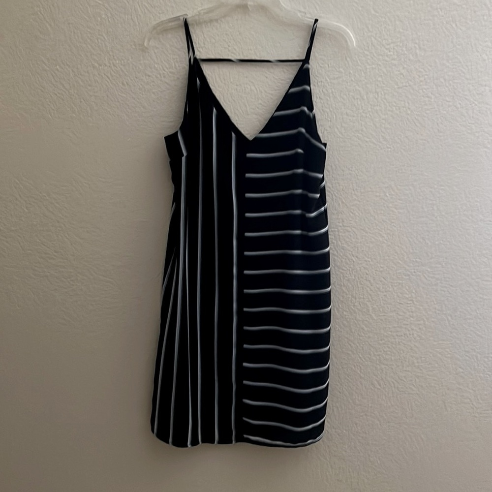 1. State black and blue striped spaghetti strap V-neck shift dress size medium M